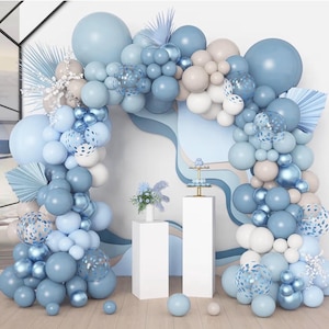 173Pcs Dusty Blue Balloon Arch Garland Kit,Baby Light Dusty Blue White Sand Metallic Blue Confetti Balloons for Boy Baby Shower Gender Party