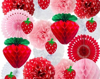 Erdbeere Party Dekoration Rot Rosa Weiß Gewebe Pom Poms Fans Honeycome Balls Laternen Girlande Klassenzimmer Beere Süße Früchte 1