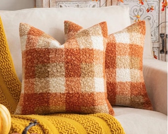 Karierte Herbst-Kissenbezüge, orange, 45 x 45 cm, 2er-Set Bouclé-Dekokissenbezüge, gemütlich, flauschig, Landhausstil-Dekoration