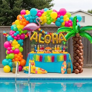 Tropical luau Balloon Garland Arch Kit Party Decoration with Flamingo Aloha Letter Coconut Tree foil balloons for Summer Hawaiian tiki luau
