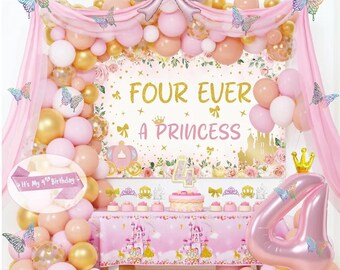 Vier Geburtstagsdekorationen für Prinzessinnen, 117 Stück - Prinzessin zum 4. Geburtstag, Partyzubehör mit rosa goldenem Hintergrund, Ballongirlande
