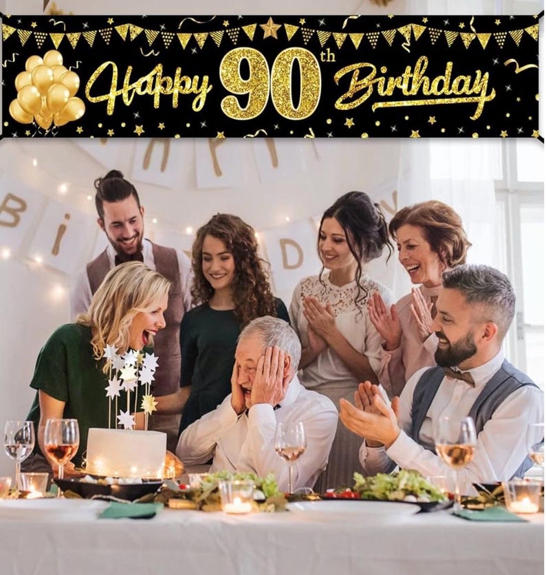 Happy 90th Birthday Banner Decorations for Women Men, Black Gold 90 ...