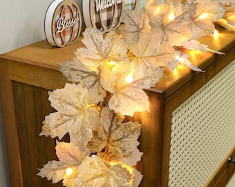 Lot de 3 décorations d&#39;automne - Guirlande lumineuse avec décorations d&#39;automne pour la maison, guirlande lumineuse à feuilles d&#39;érable épaisse, 60 LED, au total 20 pi, fonctionnant sur piles