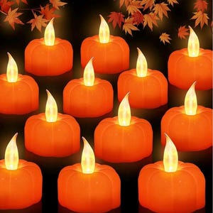 12 Pack Pumpkin Tea Lights Fall Decorations, LED Orange Pumpkin Lights Flame Less Candles Battery Operated Halloween Flickering Candles