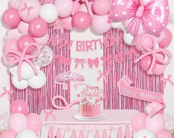 Life Pink Bow Birthday Decorations, Coquette Themed Party Supplies with Light Pearl Pink White Confetti Long Balloons Happy Birthday Banner
