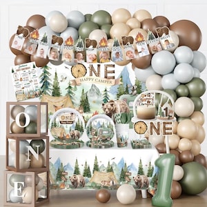 230PCS Camper 1st Birthday Decorations, All-in-1 Supplies Pack, Includes 20 Camper Theme Tableware, Backdrop, High Chair Banner, Tablecloth image 1