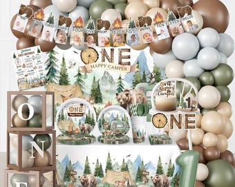 230PCS Camper 1st Birthday Decorations, All-in-1 Supplies Pack, Includes 20 Camper Theme Tableware, Backdrop, High Chair Banner, Tablecloth
