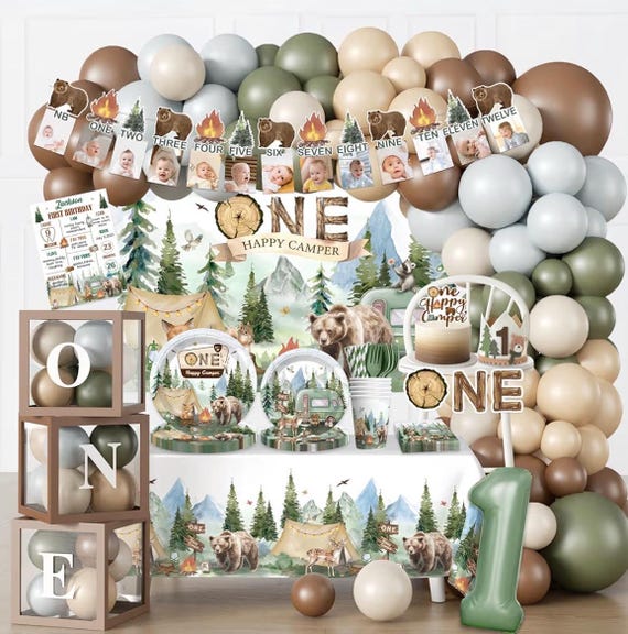 230PCS Camper 1st Birthday Decorations, All-in-1 Supplies Pack, Includes 20 Camper Theme Tableware, Backdrop, High Chair Banner, Tablecloth