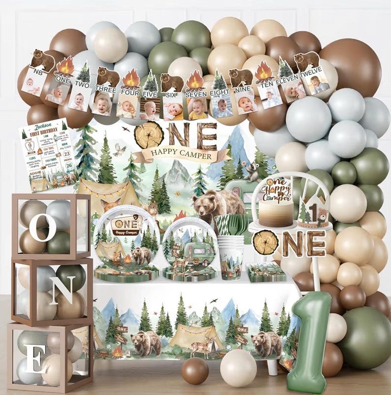 230PCS Camper 1st Birthday Decorations, All-in-1 Supplies Pack, Includes 20 Camper Theme Tableware, Backdrop, High Chair Banner, Tablecloth image 1