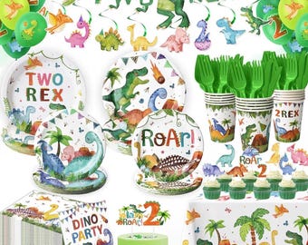 Dinosauriefesttillbehör till 2-årsdag - 197 delar för 24 gäster, dekorationer med 2 Rex-tema, banderoll, ballonger, porslin och tårtdekorationer