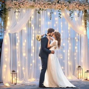 White Tulle Backdrop Curtain with Lights String for Parites 10×8ft Sheer Backdrop Curtains White Curtain Backdrop for Wedding Baby Shower