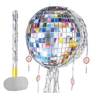 Disco Ball Piñata - Disco Party Decoration Pull String Mirror Piñata with Bat and Blindfold for Adult Birthday Party Supplies