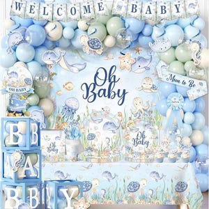 Under the Sea Baby Shower Decorations, All-in-1 Ocean Themed Party Decorations with Balloon Arch Baby Boxes Plates Napkins Cake Toppers …