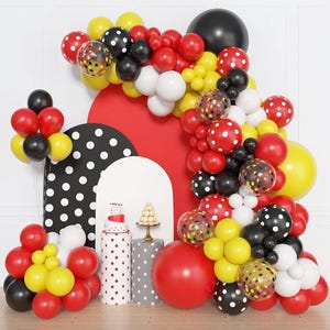 153pcs Red Yellow Black Balloon Garland Arch,Red Yellow Black Dot Latex Confetti Balloons for Cartoon Mouse Birthday Baby Shower Party Decor