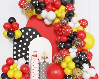 153 pezzi di ghirlanda di palloncini rossi, gialli e neri, palloncini in lattice con coriandoli a pois rossi, gialli e neri per decorazioni per feste di compleanno e baby shower a forma di topo dei cartoni animati