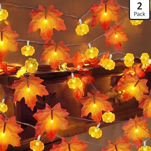 May include: A string of LED fairy lights featuring orange and red fabric maple leaves and small yellow pumpkin-shaped bulbs. The lights are connected by a thin wire, and a small white box in the corner displays the text 2 Pack.