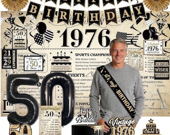 19PCS 50th Birthday Decorations for Men Women Vintage 50th Party Decorations Banner Hanging Swirls, 1976 Backdrop Centerpieces Paper Fan