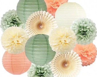Olijf Salie Groen en Goud Verjaardagsdecoraties Salie Groen Beige Papier Fans Pom Poms Lantaarns Happy Birthday Banner Goud Groene Driehoek Vlaggen Slinger voor Vrouwen Meisjes Jongens Mannen