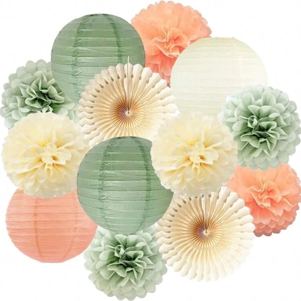 Sage Green Party Decorations Sage Cream Peach Tissue Paper Pom Poms Paper Lanterns Paper Fans for Neutral Birthday Baby Shower Bridal Shower