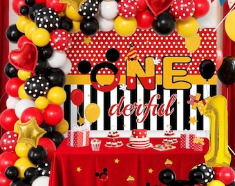 Mouse 1st Birthday Decorations For Boys,Red and Black Balloons,Happy Birthday Backdrop,Banner,Tablecloth,Foil Balloon For Party Supplies