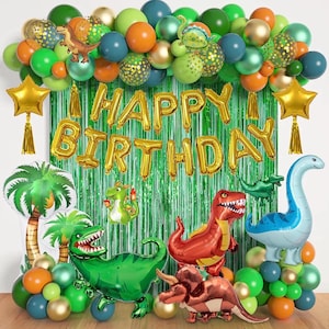 Dinosaur Birthday Party Decorations Supplies, 125Pcs Dinosaur Green Orange Blue Balloons Garland Arch Kit Happy Birthday Dino Foil Balloon