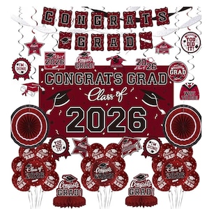 Maroon Themed 2026 Graduation Decorations Set - Congrats Grad Banner, Class of 2026 Backdrop, Balloons & Streamers Kit for Any Grades