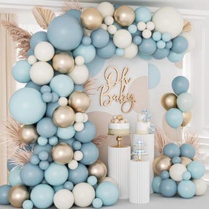 138Pcs Dusty Blue Balloons Arch Garland Kit, Dusty Baby Blue Sand White Metallic Gold Balloons for Bridal Shower Gender Reveal Birthday Baby