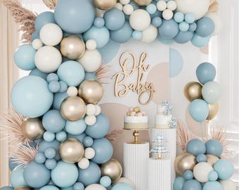 138pcs Dusty Blue Balloons Arch Garland Kit, Dusty Baby Blue Sand White Metallic Gold Balloons for Bridal Shower Gender Reveal Birthday Baby