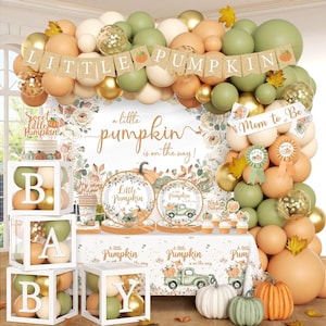 May include: A party decoration set featuring a balloon arch in shades of sage green, cream, and metallic gold, a banner reading Little Pumpkin, a tablecloth with pumpkin graphics, four clear boxes with the letters B, A, B, Y, and two pumpkins.