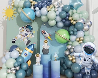 167pcs Space Balloons Arch Kit - Outer Space Party Decorations with Astronaut Rocket Blue Green Balloons for Baby Shower
