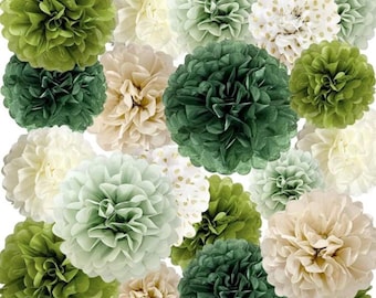 Sage Green Tissue Paper Pom Poms 20 Pcs Wedding Party Decorations Ivory Tan Boho Flowers  Wall Hanging Decor Supplies