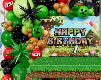 Pixel Game Birthday Party Decorations for Boys, Green Black Balloon Garland Kit with Backdrop, Tablecloth, Foil Stars & TNT Print Balloons