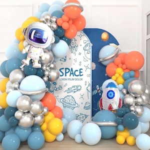 155pcs Space Balloon Garland Arch Kit Outer Space Birthday Decorations with Blue Yellow Silver Galaxy Astronaut Rocket Foil Balloons for Boy
