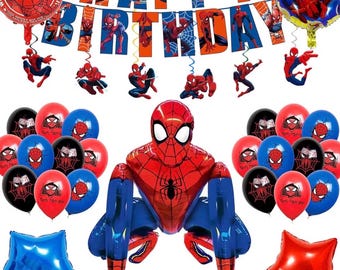 Artículos para fiesta de cumpleaños con temática de Spider-Man: pancarta de "Feliz cumpleaños", globos de látex de 30 cm, 2 tipos de globos de aluminio con espirales colgantes.