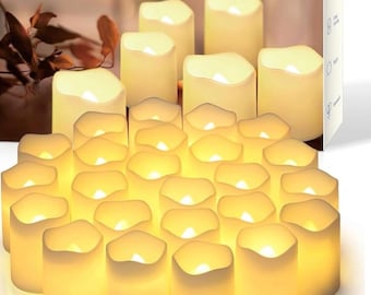 Candele votive senza fiamma per matrimoni, candele finte elettriche senza fiamma tremolanti, confezione da 24 lumini LED a batteria con durata di oltre 200 ore, colore bianco caldo.