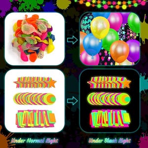 May include: A collection of multi-colored balloons and neon paper cutouts in star, circle, and rectangular shapes. The image displays these items under normal light and their glowing appearance under black light, featuring vibrant pink, orange, yellow, green, and blue hues.