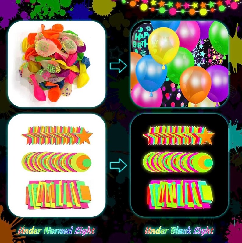 May include: A collection of multi-colored balloons and neon paper cutouts in star, circle, and rectangular shapes. The image displays these items under normal light and their glowing appearance under black light, featuring vibrant pink, orange, yellow, green, and blue hues.