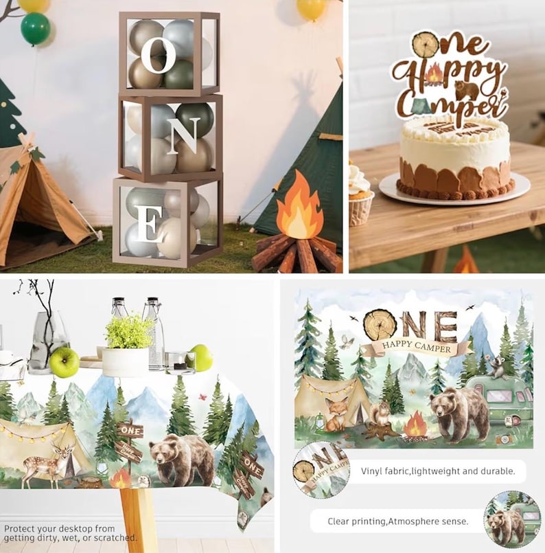 230PCS Camper 1st Birthday Decorations, All-in-1 Supplies Pack, Includes 20 Camper Theme Tableware, Backdrop, High Chair Banner, Tablecloth image 5