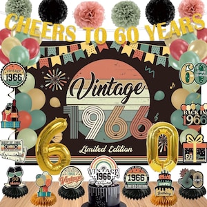 60th Birthday Decorations for Men Women, PRE-STRUNG Vintage 1966 Banner Party Supplies,Back in 1966 Backdrop,Cake Topper,Balloons,47pcs