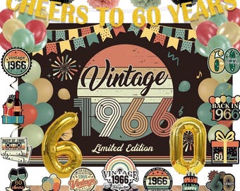 60th Birthday Decorations for Men Women, PRE-STRUNG Vintage 1966 Banner Party Supplies,Back in 1966 Backdrop,Cake Topper,Balloons,47pcs