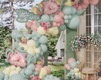 Tea Party Decorations 139pcs Pastel Tea Party Balloon Arch Garland Kit with Pink Green Teapot Mylar Balloon for Let's Par-Tea Girls Birthday