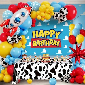Cowboy and Space Birthday Decorations for Boys, Cartoon Theme Party Supplies with Cloud Backdrop, Cow Print Tablecloth, Rocket Foil Balloon