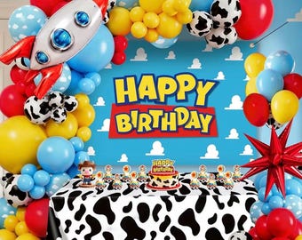 Cowboy and Space Birthday Decorations for Boys, Cartoon Theme Party Supplies with Cloud Backdrop, Cow Print Tablecloth, Rocket Foil Balloon