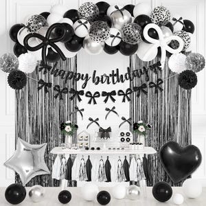 Décorations de fête d&#39;anniversaire avec noeud noir, noeud de coquette confettis argentés noir et blanc longs ballons joyeux anniversaire bannière gland pour femme fille