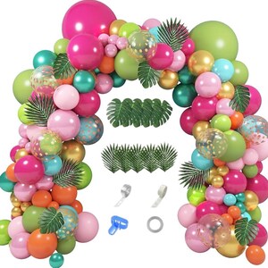 158Pcs Tropical Balloon Arch Garland Kit, Hawaiian Luau Aloha Flamingo Party Decorations Green Pink Orange Balloons Palm Leaves for Party