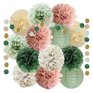 Sage Green and Dusty Pink Party Decorations Sage Green Pink Tissue Paper Pom Poms Decorations Paper Lanterns Circle Dots Garland for Wedding