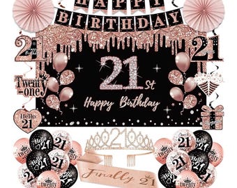 21st Birthday Decorations for Her,33pcs 21 Crown and Sash, Black Rose Gold Happy 21st Birthday Banner Balloons Backdrop Hanging Swirls Paper
