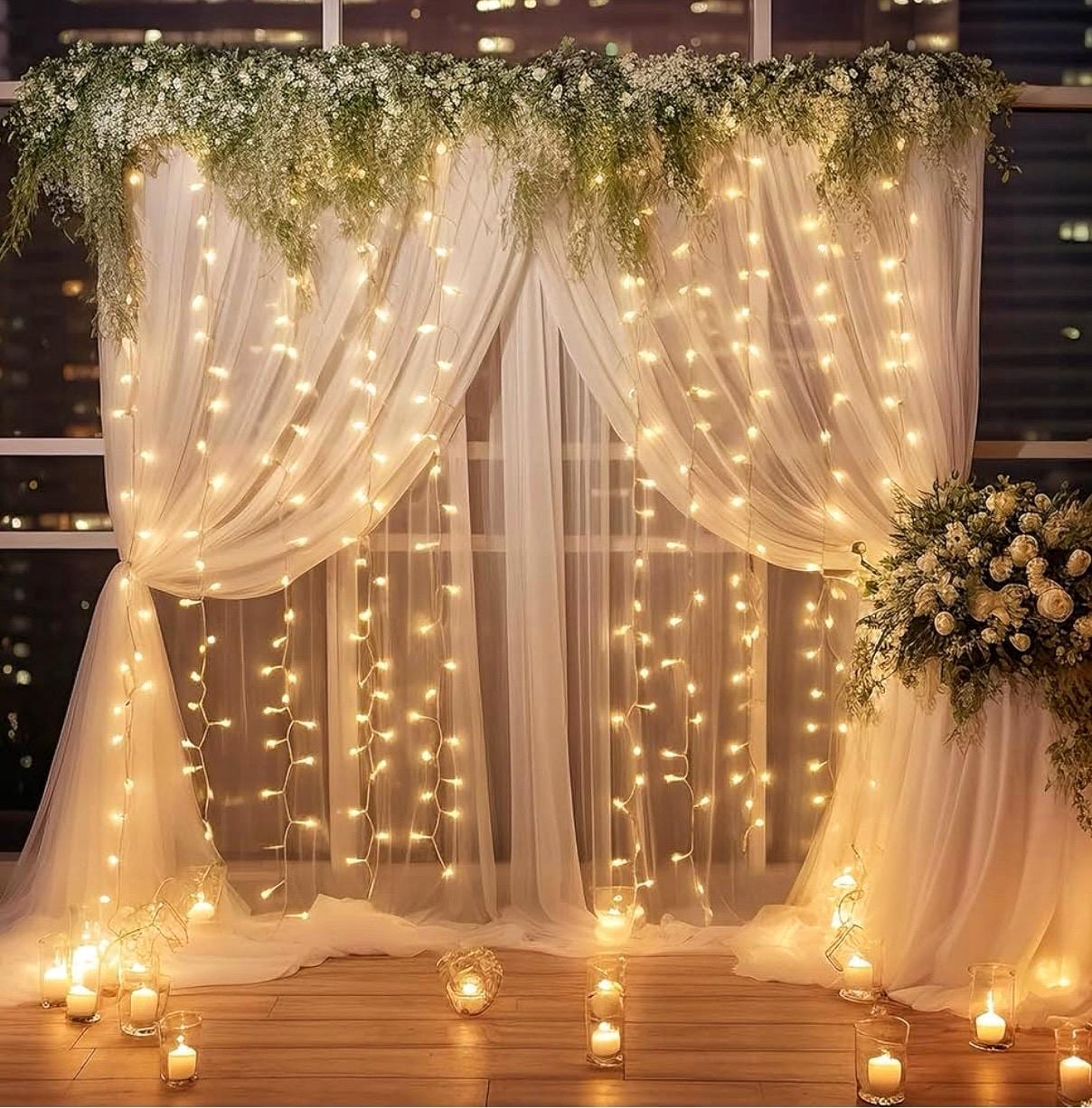 Beige Tüll-Hintergrund Mit Lichterkette – 2 Paneele Je 1,5x3 M, Für Hochzeit, Party & Fotoshooting
