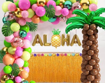 Tropical Luau Balloons Arch Garland Kit Party Decorations With Palm Leaves, Flamingo, Palm Tree, Aloha Foil Balloon, Coconut Balloons Set