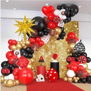 140Pcs Casino Red and Black Balloon Arch Garland Kit, Gold Confetti Balloons for Casino Theme Party Decorations Poker Event Las Vegas Game
